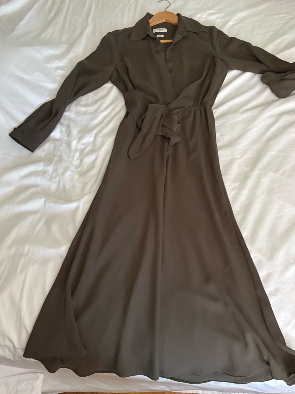 Babaton Olive Long-Sleeve Maxi Shirt Dress with Waist Tie